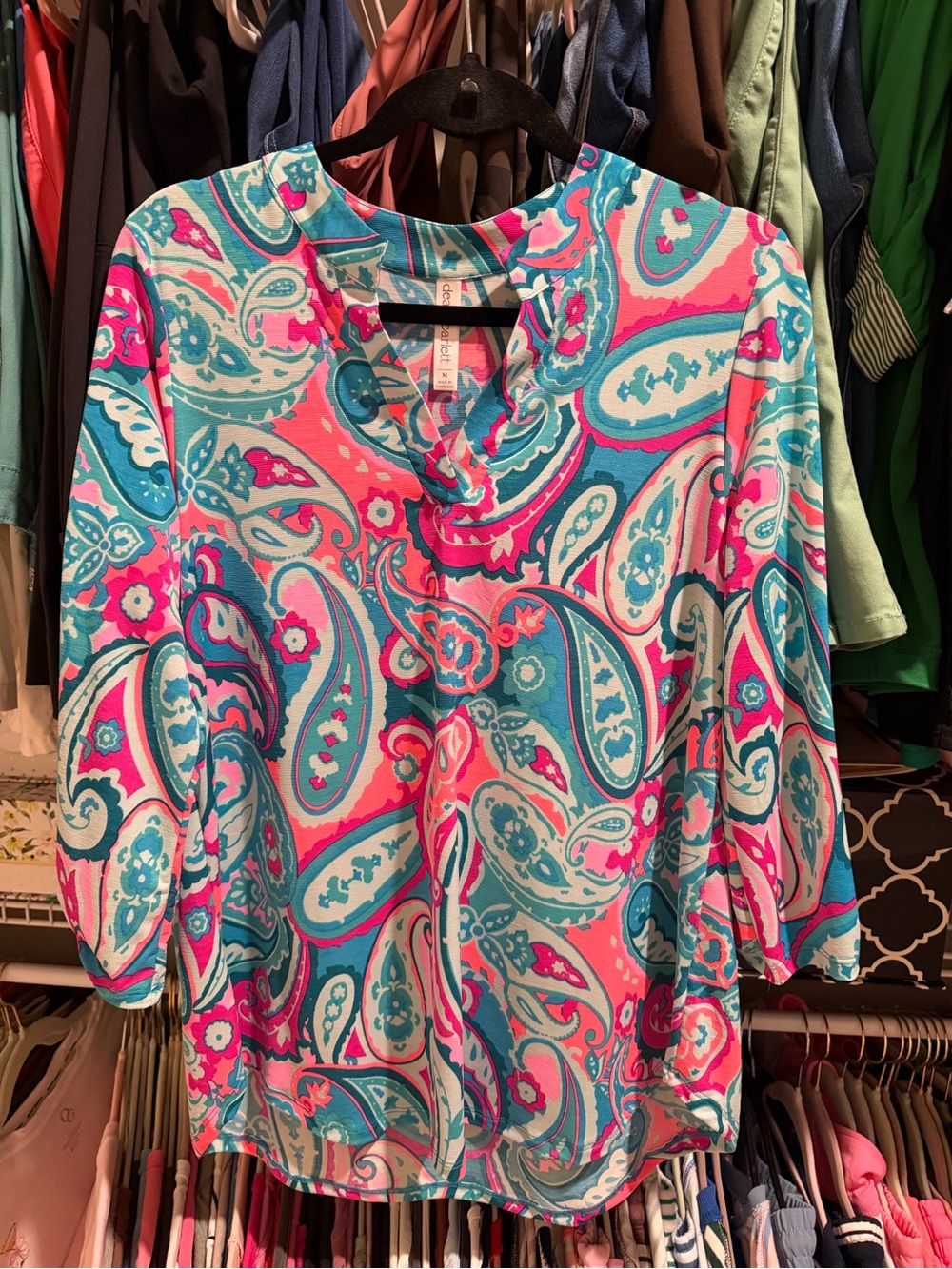 V-Neck Paisley Blouse in Pink & Teal